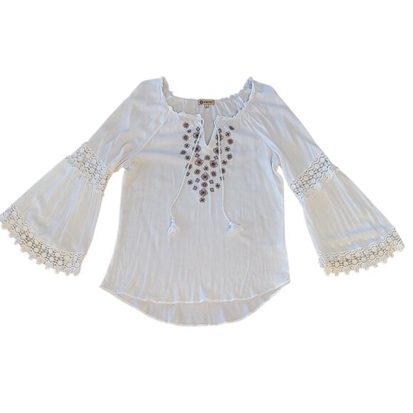 Democracy Embroidered Ivory Gauzy Bohemian Peasant Top with Bell Sleeves Sz L - Picture 10 of 14